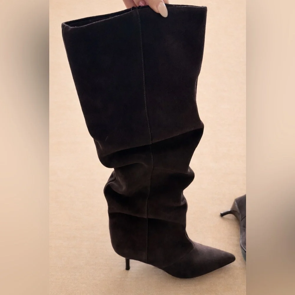 New With Tags Brown Suede Slouch Knee-High Boots – Size 38 - Picture 2 of 6